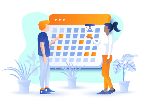 Cartoon image of two co-workers interacting with a large calendar. Looking at the calendar view of OlogyCrew.